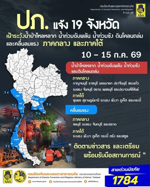 ปภ. เตือนภาคกลาง และภาคใต้ เสี่ยงน้ำท่วม น้ำป่า ช่วงวันที่10-15 ก.ค.