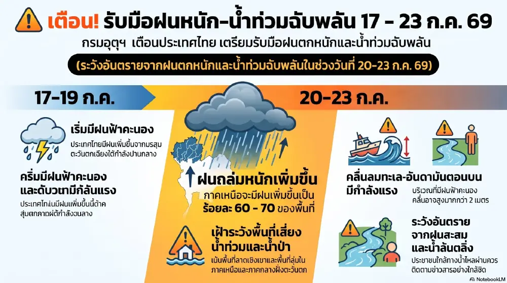 พยากรณ์อากาศ 7 วันข้างหน้า เตือนฝนตกหนักและน้ำท่วมฉับพลัน