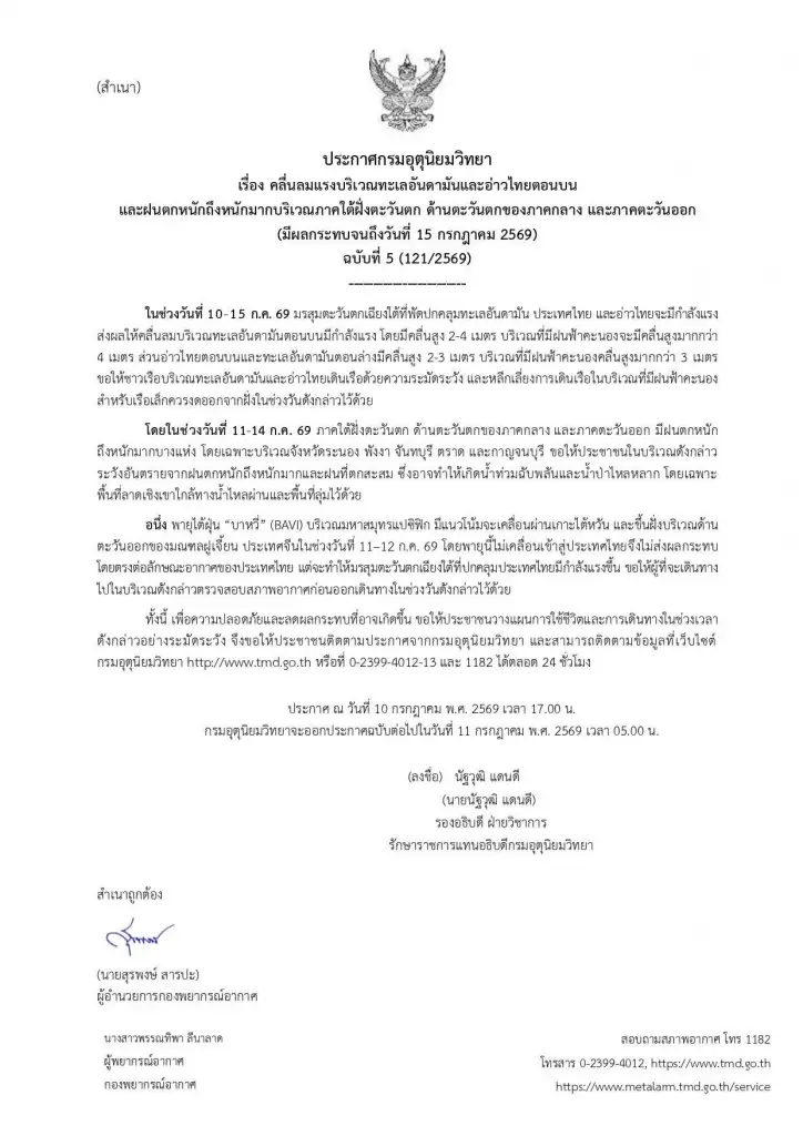 อุตุฯ เตือนฝนตกหนัก คลื่นลมแรง 10-15 ก.ค. นี้ พร้อมระวังผลกระทบจากพายุบาหวี่