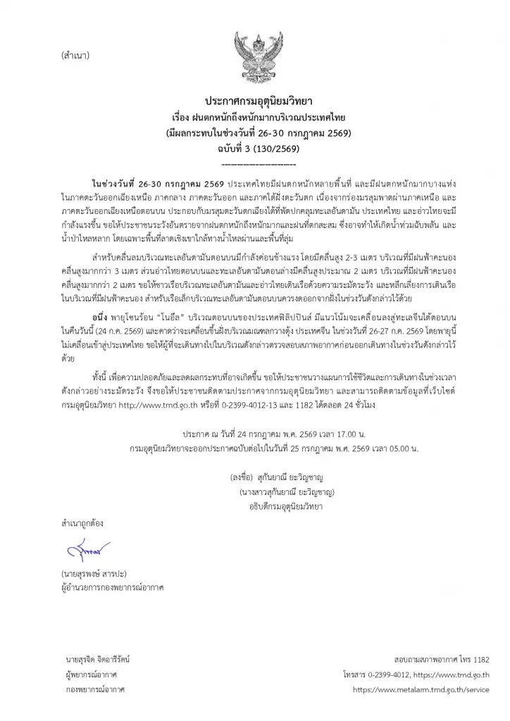 สภาพอากาศคืนนี้ เตือนฉบับที่ 3 ฝนตกหนักถึงหนักมาก ช่วง 26 ถึง 30 ก.ค.นี้