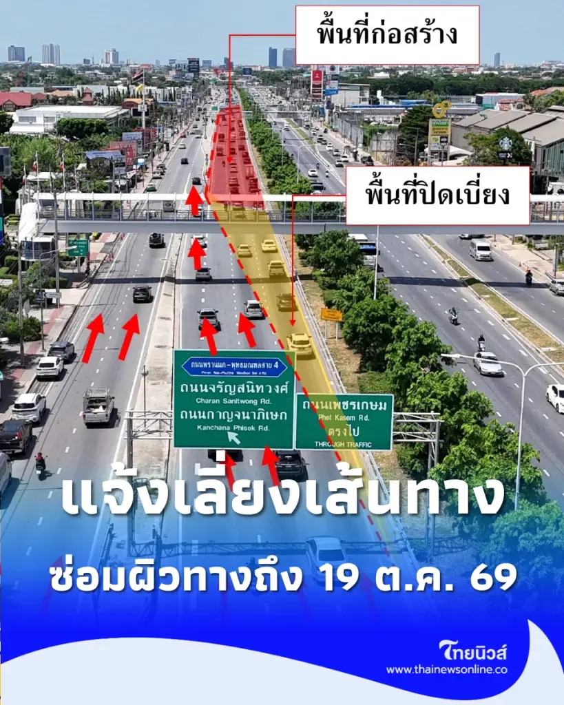 แจ้งเลี่ยงเส้นทาง ปิดเบี่ยงจราจร ถนนราชพฤกษ์ ซ่อมผิวทางถึง 19 ต.ค. 69
