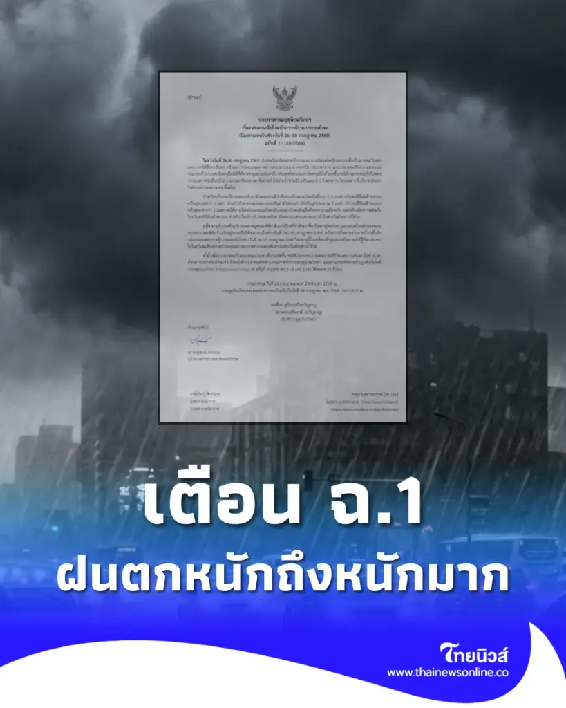 สภาพอากาศคืนนี้ เตือนฉบับที่ 1 ฝนตกหนักถึงหนักมาก ช่วง 26 ถึง 30 ก.ค.นี้