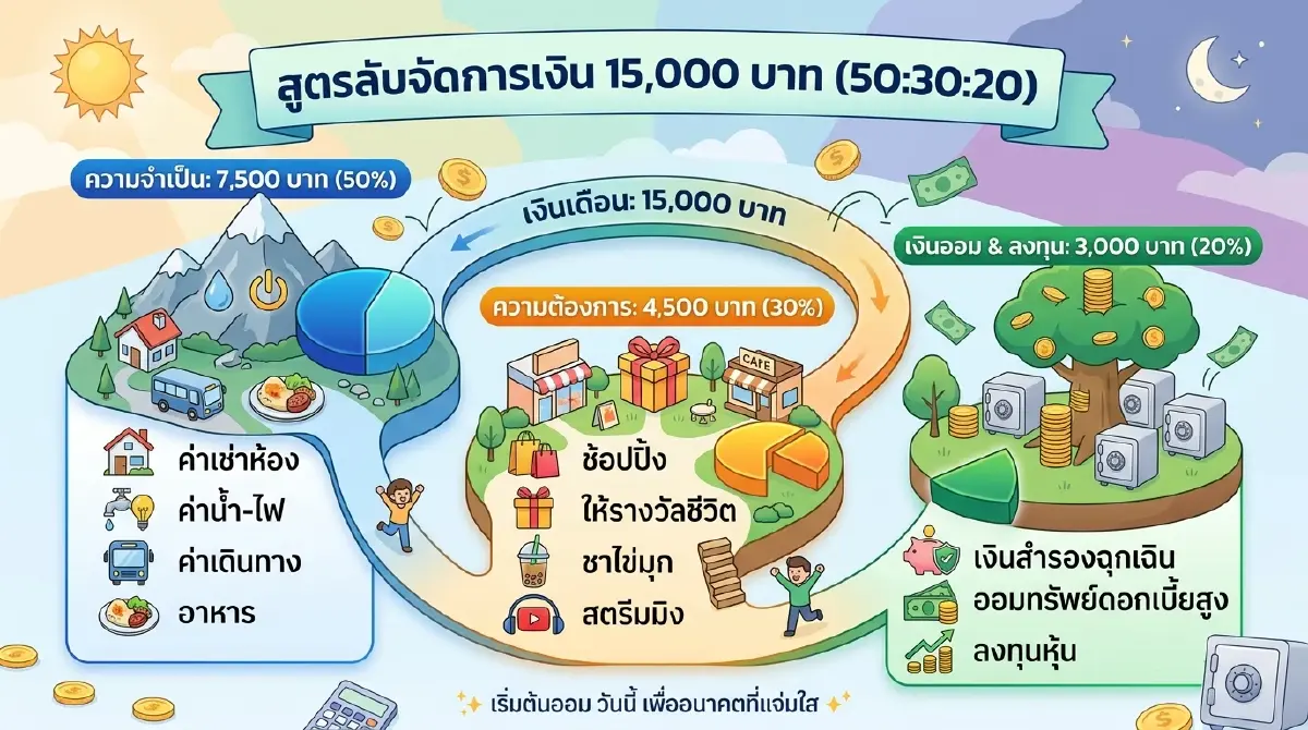 บริหารเงิน 15,000 บาทด้วยเทคนิค 50:30:20 ปลดล็อกชีวิตสิ้นเดือน