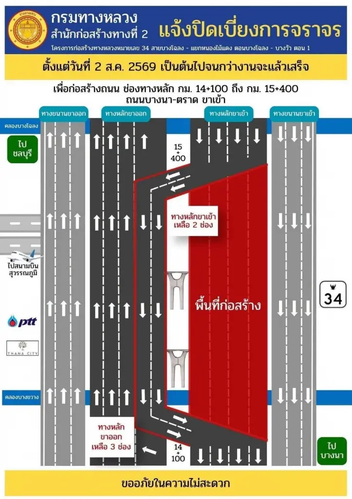 สะเทือนบางนา! ปิดทางหลัก 4 เลนเริ่ม 2 ส.ค.นี้ รถติดหนักแน่