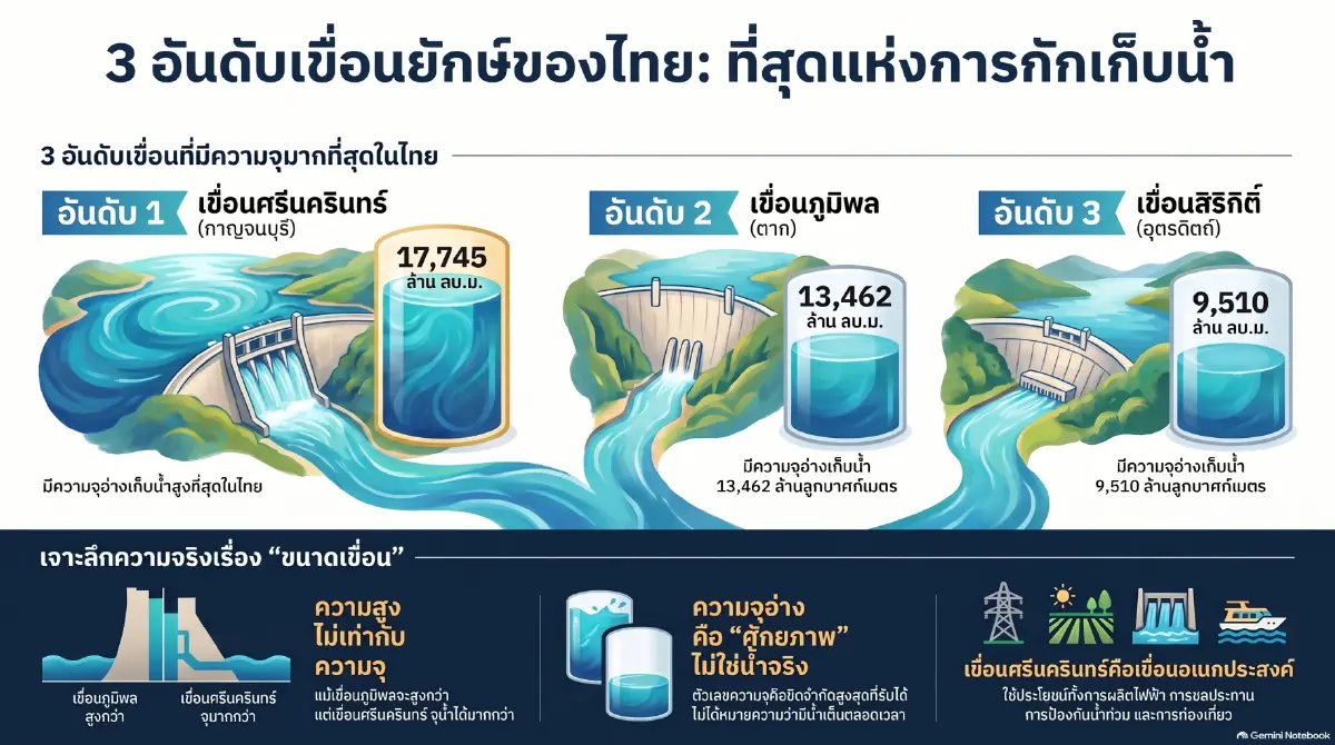เปิดสถิติ 3 เขื่อนยักษ์ใหญ่ของไทย เผยความจุจริงที่หลายคนไม่รู้