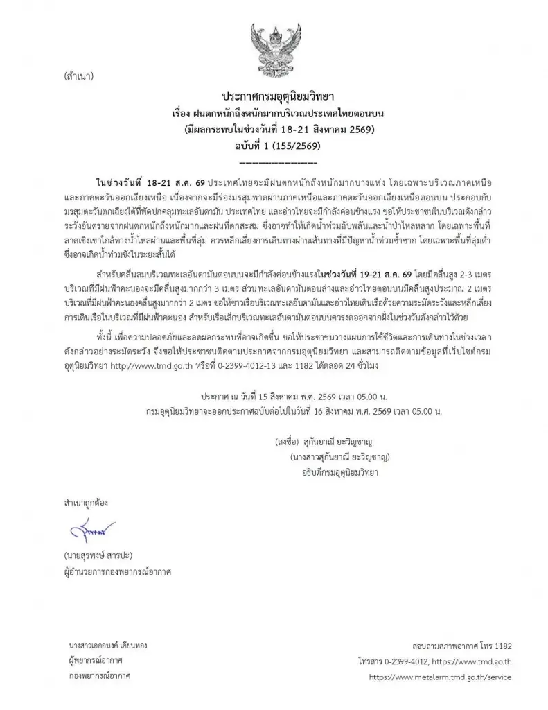 ด่วน! เตือนภัยฉบับที่ 1 ฝนถล่มหนักมาก เสี่ยงจมฉับพลัน 18-21 ส.ค.
