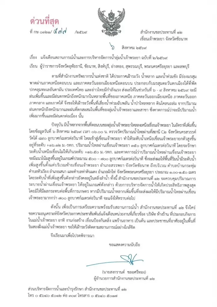 เตือนด่วน 7 จังหวัดภาคกลาง! น้ำเหนือทะลักเขื่อนเจ้าพระยา 