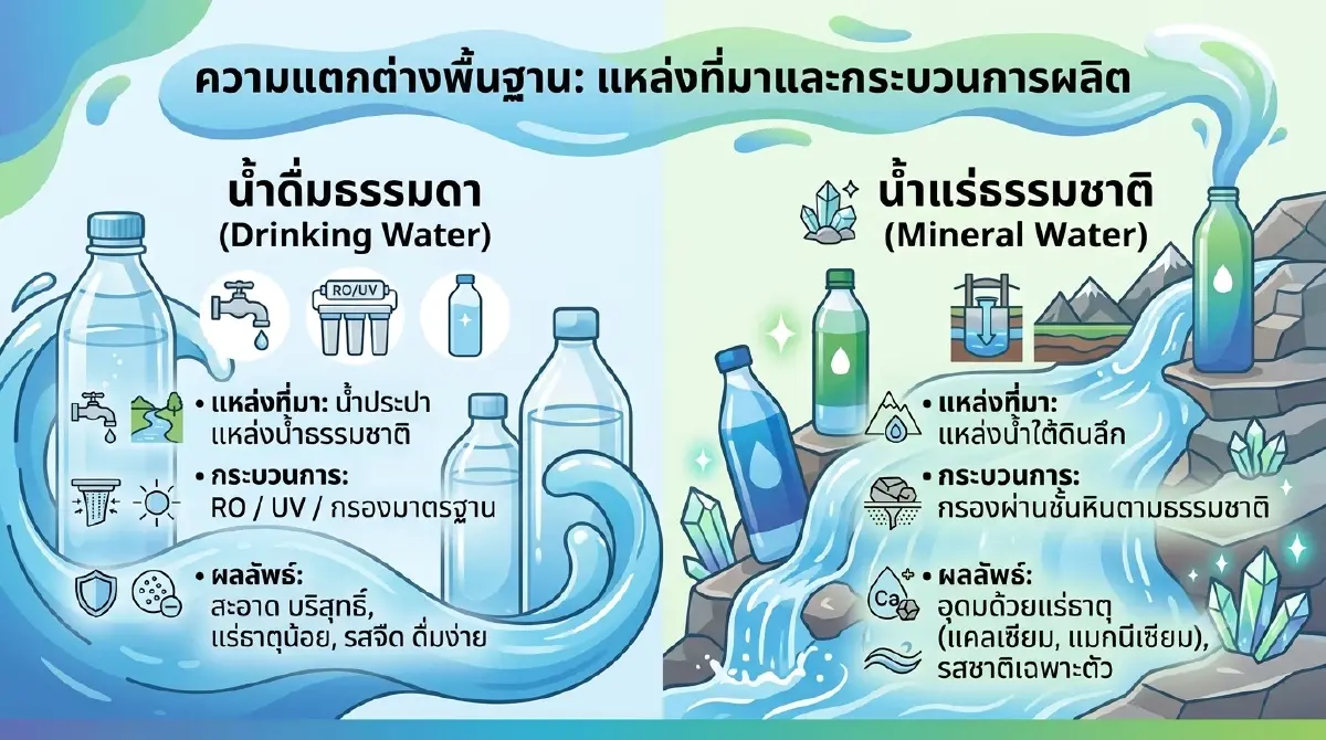 น้ำดื่ม vs น้ำแร่ ต่างกันอย่างไร? เลือกแบบไหนดีต่อสุขภาพ