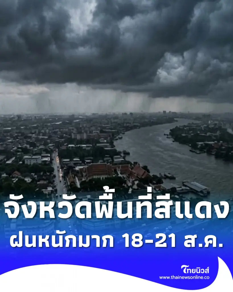 รายชื่อจังหวัดพื้นที่สีแดง ฝนตกหนักถึงหนักมาก 18 - 21 สิงหาคม 2569