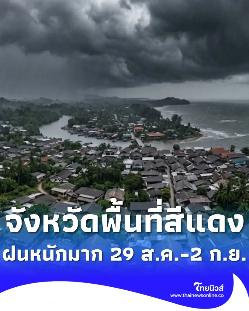 รายชื่อจังหวัดพื้นที่สีแดง ฝนตกหนักถึงหนักมาก 29 ส.ค. - 2 ก.ย. 2569