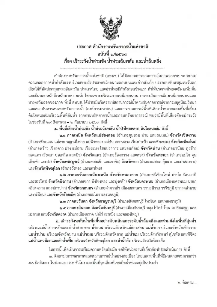 สทนช. เตือนเฝ้าระวังน้ำท่วมฉับพลัน-น้ำล้นตลิ่ง 29 ส.ค.-2 ก.ย. 69 