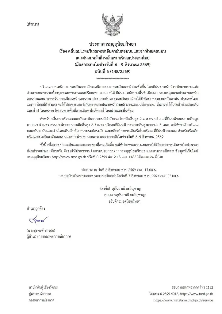 อุตุฯ ฉบับที่ 6 ฝนตกหนักถึงหนักมาก ช่วง 6 - 9 ส.ค.นี้ เช็กพื้นที่เสี่ยง