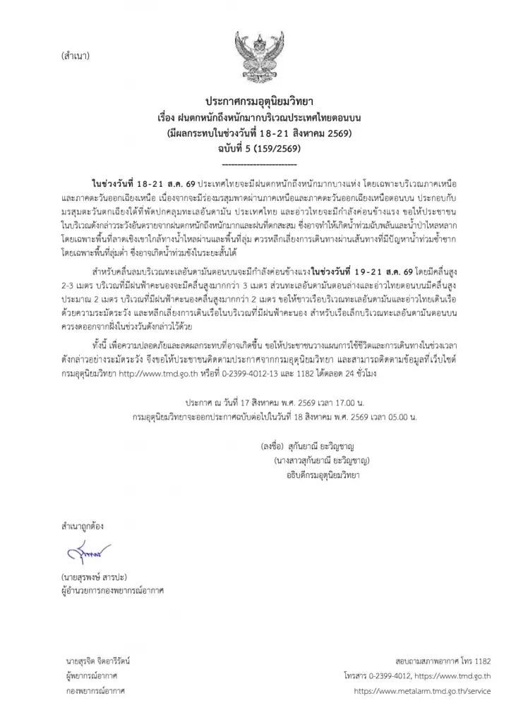 อุตุฯ เตือน ฉ.5 ไทยตอนบน ฝนตกหนักถึงหนักมาก 18-21 ส.ค. 69
