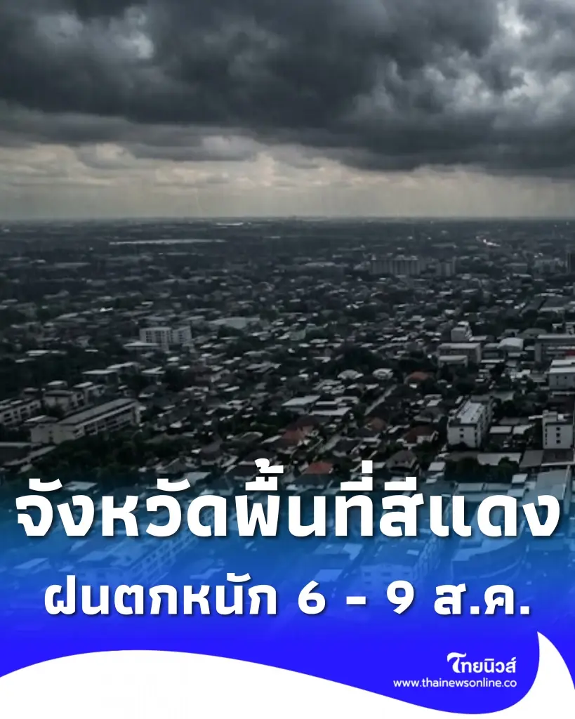 เปิดชื่อจังหวัดพื้นที่สีแดง เจอฝนตกหนักถึงหนักมาก 6 - 9 ส.ค.  2569
