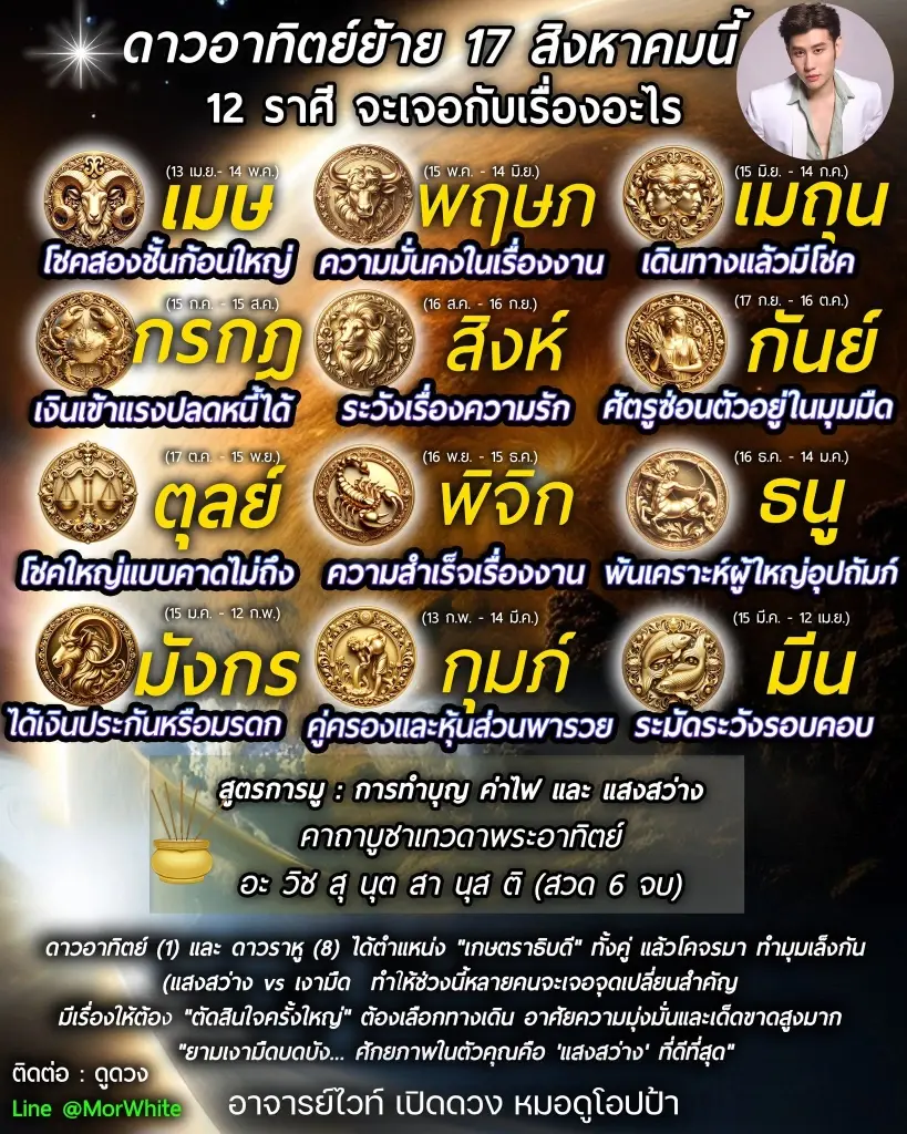 ดาวอาทิตย์ย้าย 17 ส.ค. 3 ราศี ระวังความรัก สุขภาพ ศัตรูซ่อนมุมมืด