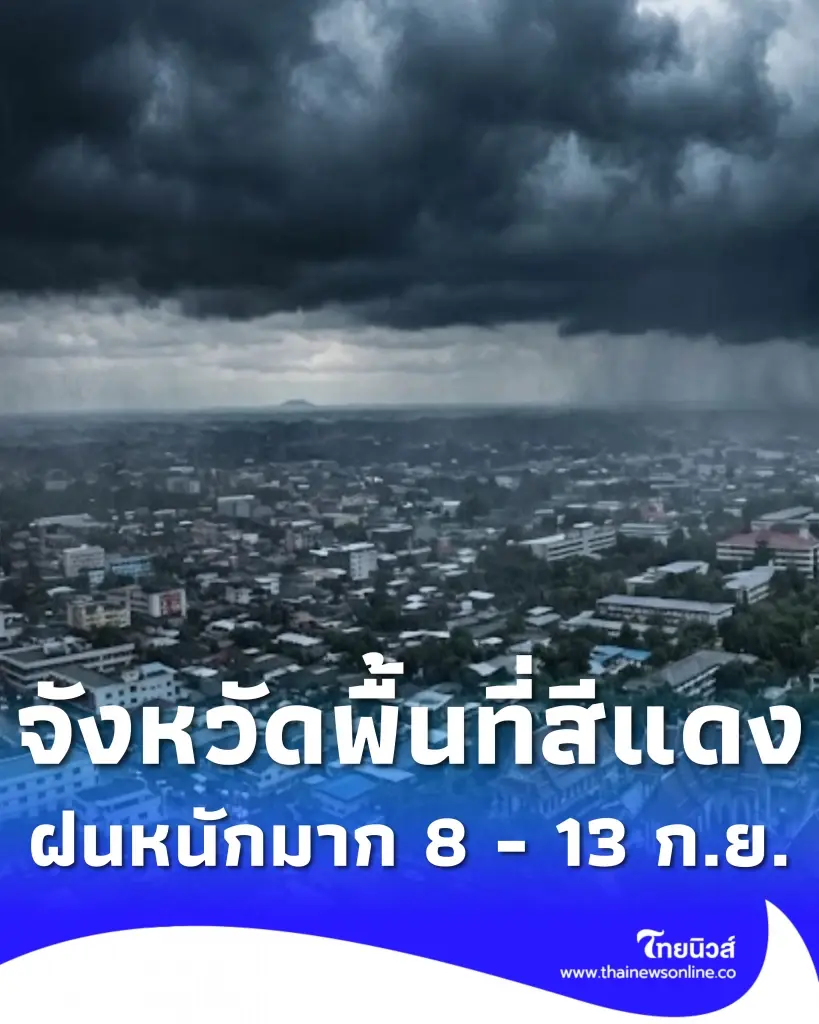 รายชื่อจังหวัดพื้นที่สีแดง เจอฝนตกหนักถึงหนักมาก 8 - 13 ก.ย. 69 