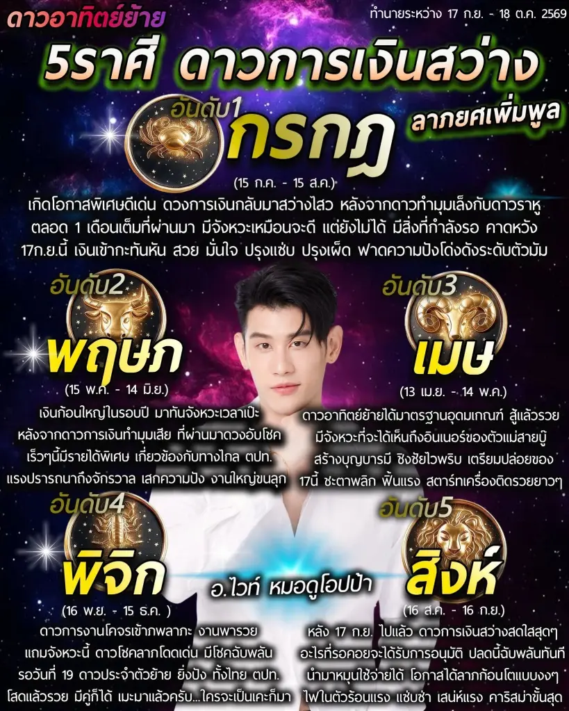 ดาวอาทิตย์ย้าย 17 ก.ย. 5 อันดับราศี ฟาดความปัง เงินเข้ากะทันหัน 