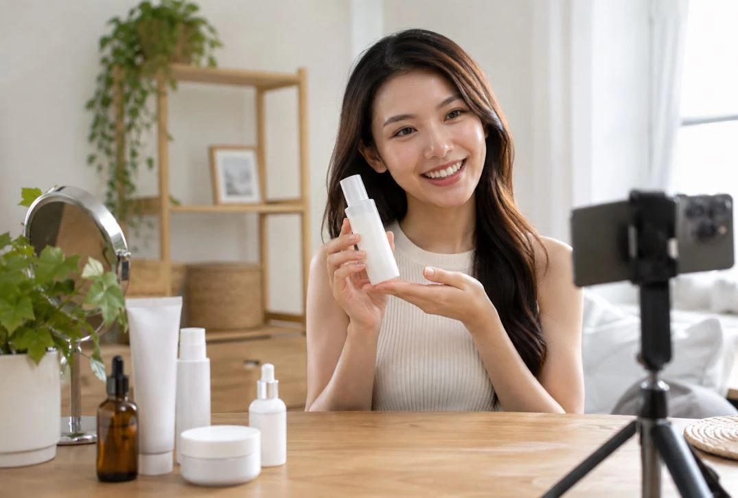 ผู้ขายสาธิตสินค้าหน้ากล้องโทรศัพท์