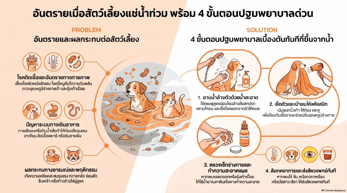 อันตราย สัตว์เลี้ยงแช่น้ำท่วมนาน พร้อมวิธีปฐมพยาบาลด่วน