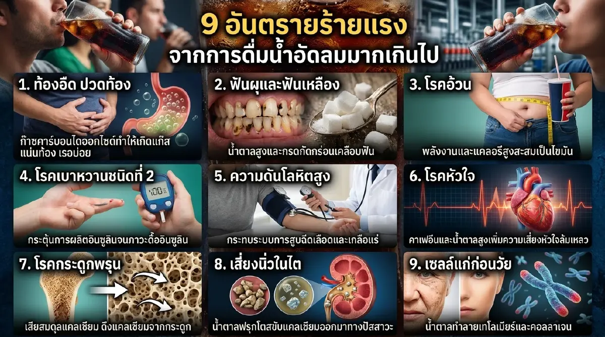 สดชื่นแต่อันตราย  ดื่มน้ำอัดลมมากๆ ทำแก่เร็ว เสี่ยงนิ่วในไต 
