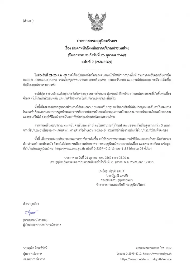กรมอุตุฯ เตือน ฉ.9 เปิดรายชื่อจังหวัด รับมือฝนตกหนัก ถึง 25 ต.ค.นี้