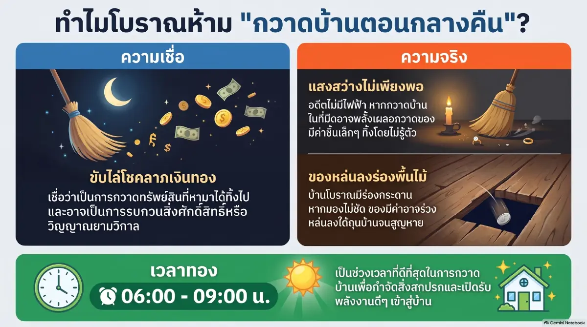 เปิดที่มาความเชื่อโบราณทำไมถึงห้ามกวาดบ้านตอนกลางคืน