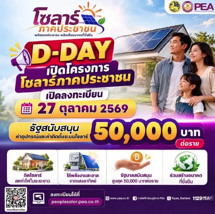 เช็กเลย ลงทะเบียน รัฐช่วยค่าติด โซลาร์เซลล์ 50,000 บาท โครงการภาคประชาชน