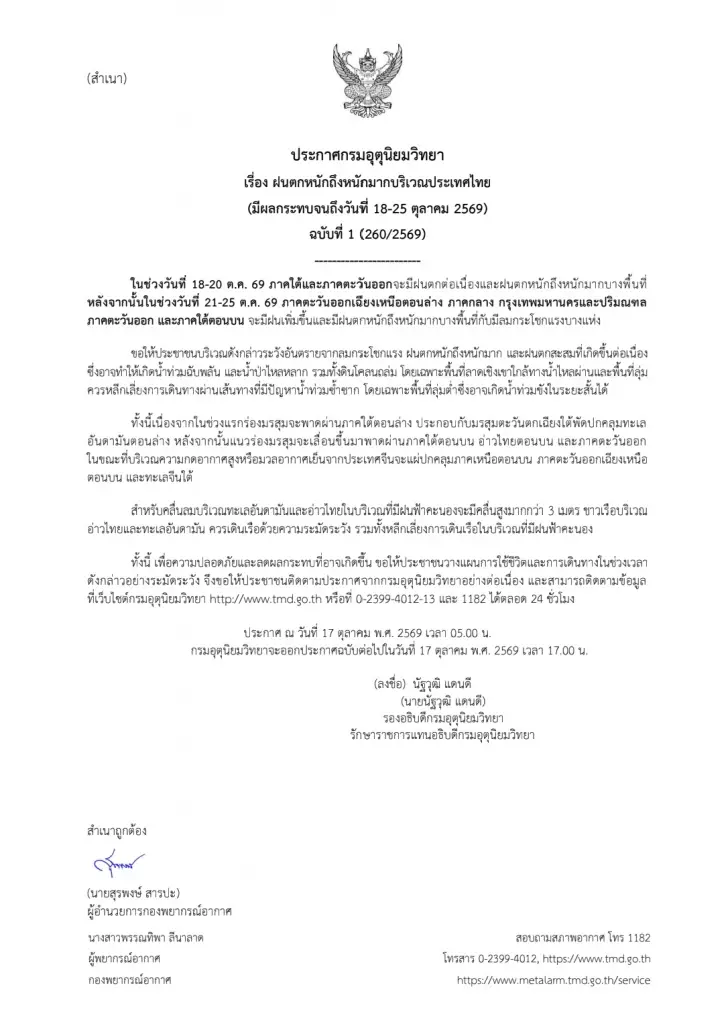 อุตุฯเตือน ฉ.1 ไทยเตรียมรับมือฝนตกหนักถึงหนักมาก ระวังน้ำท่วมฉับพลัน