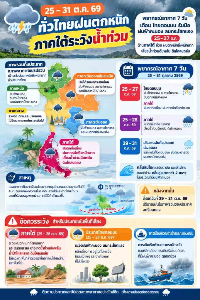 สภาพอากาศ 25-31 ต.ค.69 ทั่วไทยฝนตกหนักภาคใต้ระวังน้ำท่วม