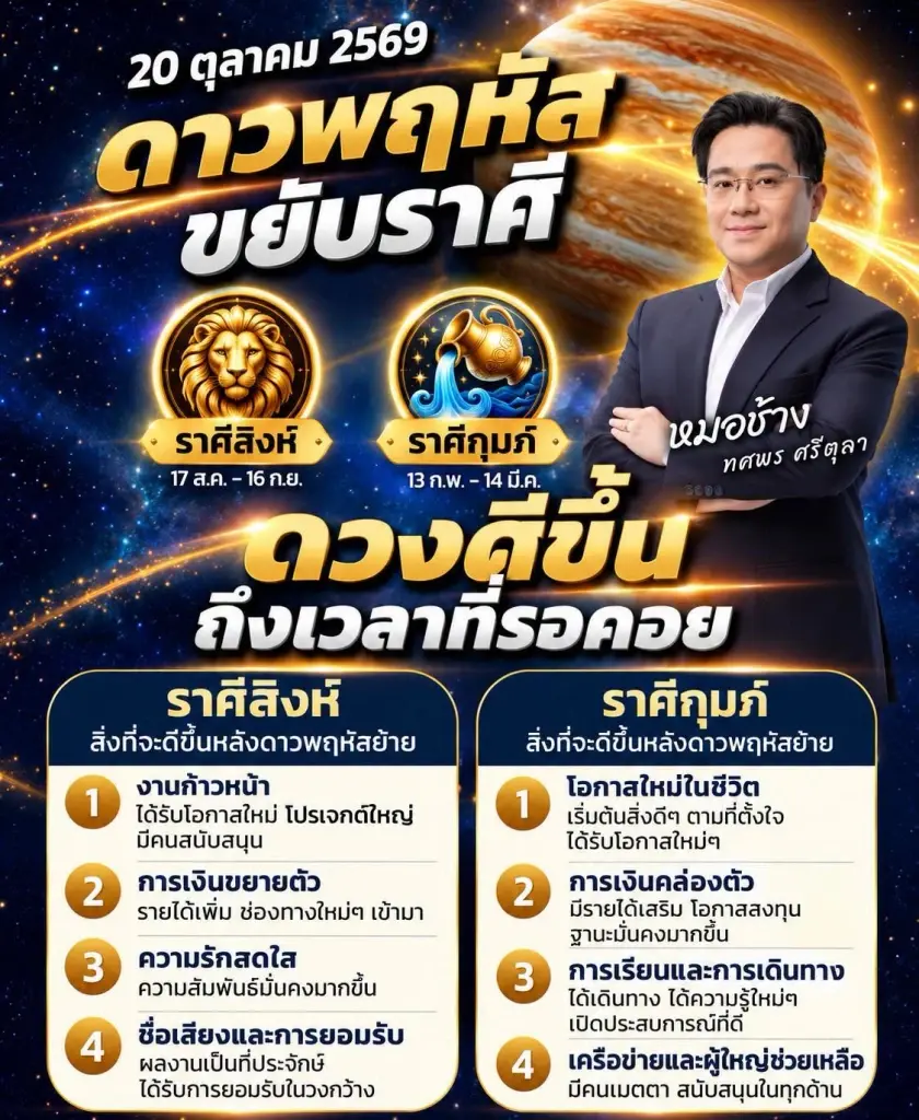 ดาวพฤหัสย้าย 2 ราศีดวงดีขึ้น เงินคล่องตัว ถึงเวลาที่รอคอยแล้ว