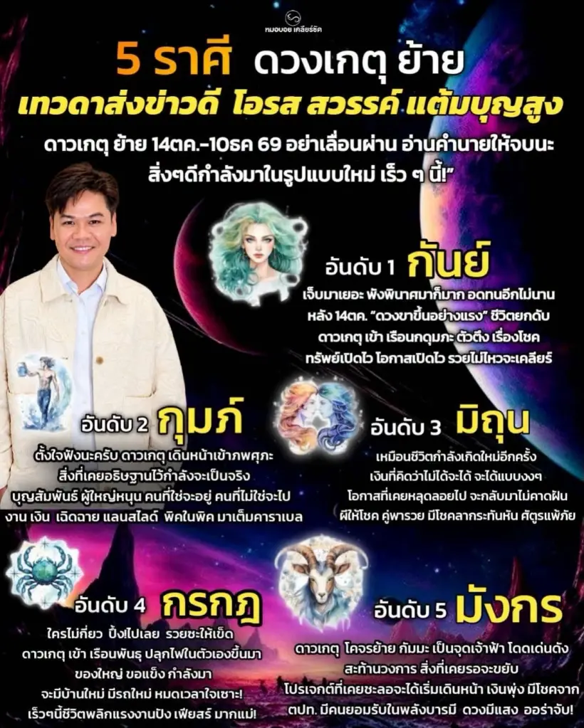 หมอบอย เคลียร์ชัด 5 ราศี ดาวเกตุย้าย พ้นเคราะห์ เงินพุ่ง โชคเข้า