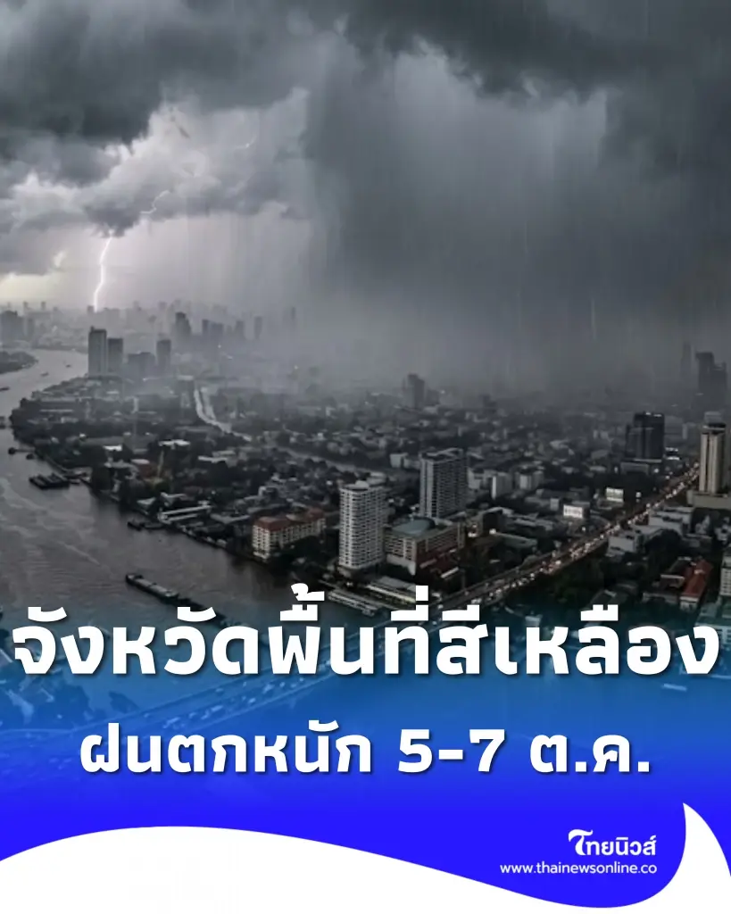 รายชื่อจังหวัดพื้นที่สีเหลือง ฝนตกหนัก อากาศแปรปรวน 5-7 ต.ค. 2569