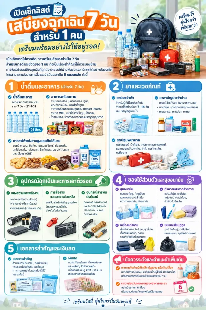 7 วันรอดชัวร์! เช็กเช็กลิสต์เสบียงฉุกเฉิน 1 คนต้องมีอะไรบ้าง