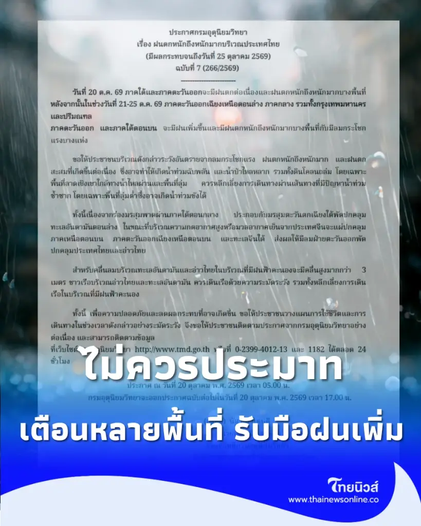 กรมอุตุนิยมวิทยา เตือนหลายพื้นที่ รับมือฝนเพิ่ม 25 ต.ค. กทม.และปริมณฑลไม่ควรประมาท