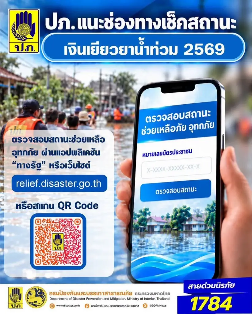 วิธีเช็กสถานะเงินเยียวยาน้ำท่วม 2569 แบบเรียลไทม์ ผ่าน 2 ช่องทาง