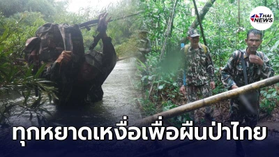 เจ้าหน้าที่พิทักษ์ป่าลาดตระเวนป้องกันภัยคุกคามในพื้นที่ ลุยแม่น้ำ ตากฝน