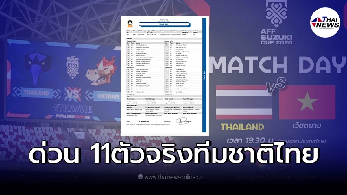 เผยรายชื่อผู้เล่น 11 ตัวจริง ทีมชาติไทย พบ ทีมชาติเวียดนาม วันนี้ 19.30 น.