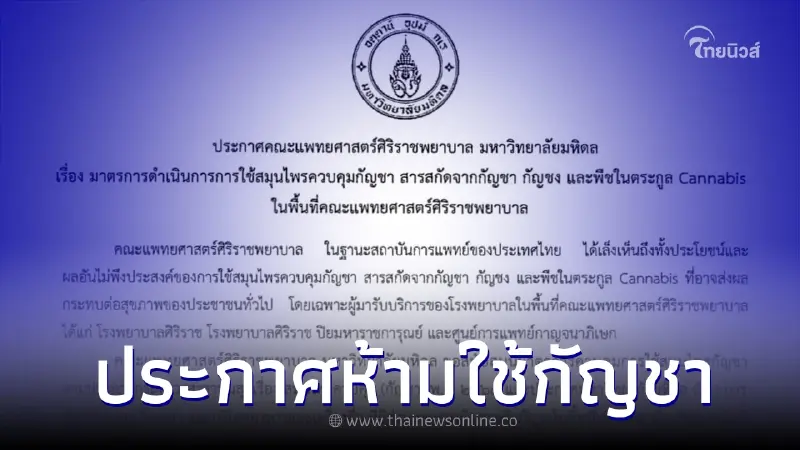 รพ.ศิริราช ประกาศห้ามใช้ สารสกัดจากกัญชา กัญชง ในพื้นที่โรงพยาบาล