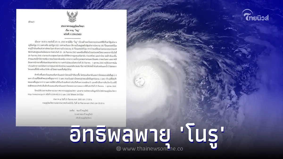 "กรมอุตุนิยมวิทยา" ประกาศเตือน ฉบับที่ 3 ฝนตกหนัก อิทธิพลพายุ "โนรู" "กรมอุตุนิยมวิทยา" ประกาศเตือน ฉบับที่ 3 ฝนตกหนัก อิทธิพลพายุ "โนรู"