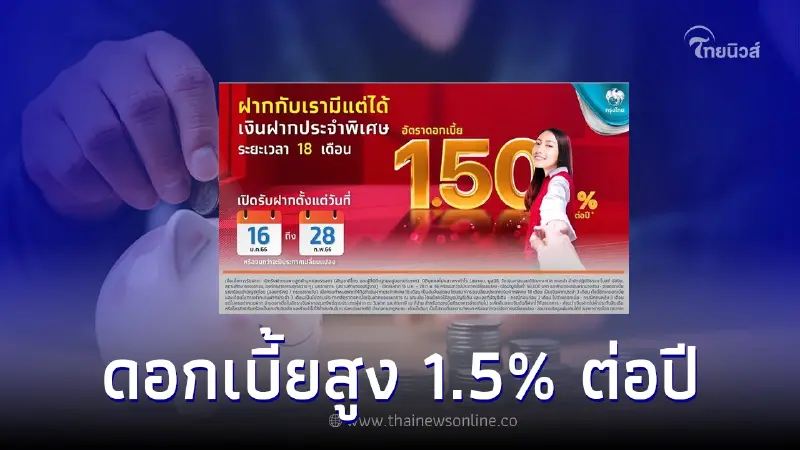 ธ.กรุงไทยจัดให้ ฝากประจำพิเศษ 18 เดือน รับดอกเบี้ยสูง 1.5% ต่อปี ธ.กรุงไทยจัดให้ ฝากประจำพิเศษ 18 เดือน รับดอกเบี้ยสูง 1.5% ต่อปี