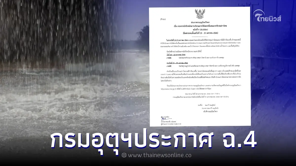 กรมอุตุนิยมวิทยา ประกาศ ฉ.4 เตือนจังหวัดฝนตกหนัก คลื่นลมแรง 20-25 มกราคม นี้