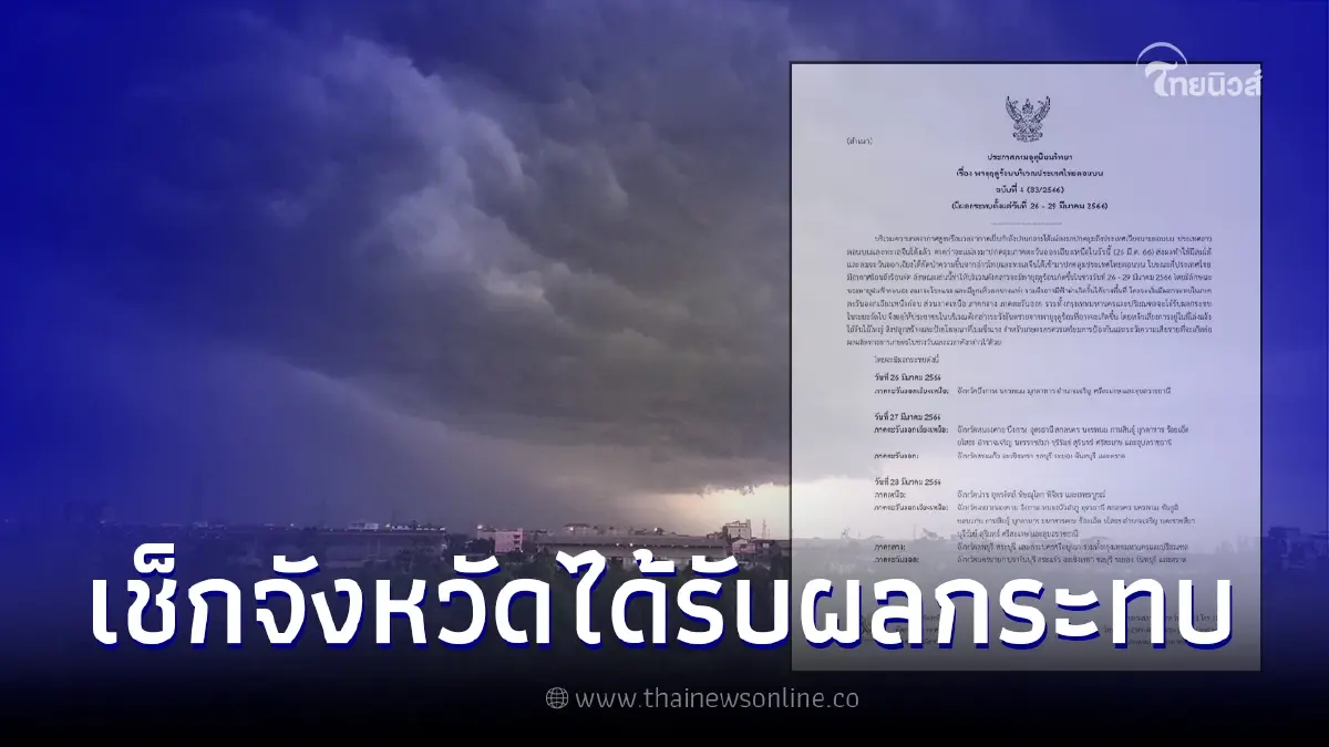 ประกาศฉบับ 4 กรมอุตุฯ เช็กพื้นที่พายุฤดูร้อนถล่ม ช่วง 26 - 29 มี.ค.
