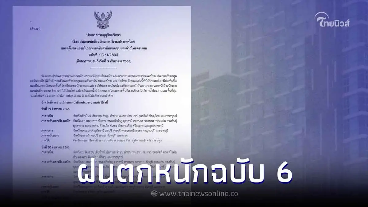 ประกาศเตือนภัย 'ฉบับ 6' ฝนตกหนักมาก กระทบหนัก 48 จว. ตั้งแต่วันนี้ ถึง 3 ก.ย.66