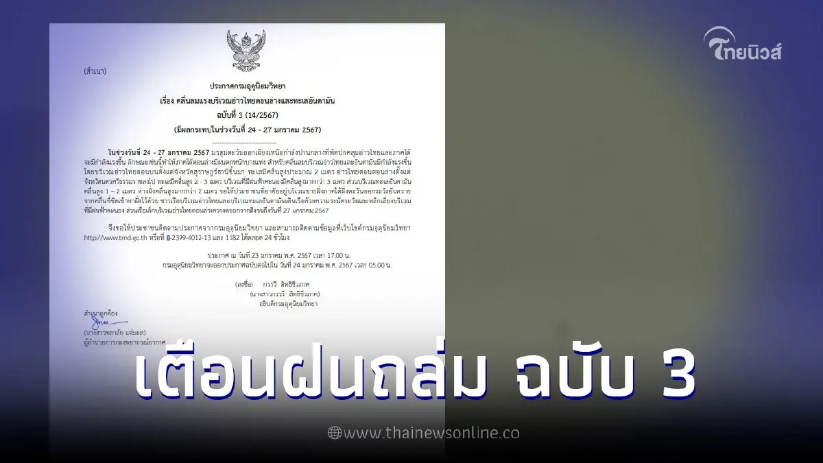 ประกาศกรมอุตุฯ ฉบับ 3 เตือน ภาคใต้ฝนตกหนักบางแห่ง ช่วง 24-27 ม.ค.นี้