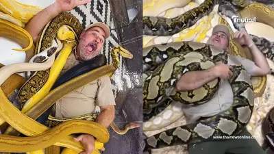 หนุ่มใหญ่จัดงานวันเกิด นอนอยู่บนกองงูเหลือมที่ใหญ่ยักษ์เหมือนอนาคอนด้า