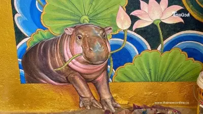 หมูเด้ง มาแรง วัดหลวงพ่อรวยไม่ตกเทรนด์ จัดภาพวาดคาบดอกบัว
