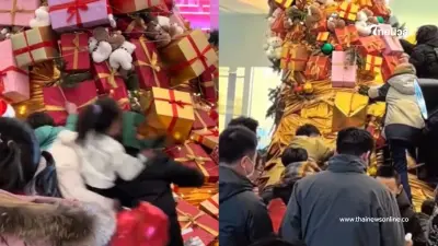 ฝูงชนรุมทึ้งต้นคริสต์มาสกลางห้าง แย่งของขวัญ เปิดกล่องดูโยนทิ้งแทบไม่ทัน