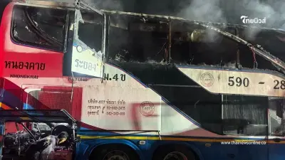 รถบัสเบรกแตก พุ่งชนรถบรรทุก 3 คัน ไฟลุกท่วม เสียชีวิตแล้ว 7 ราย