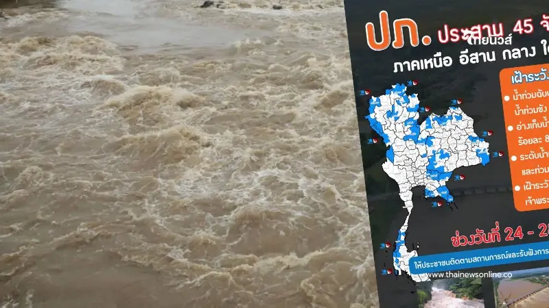ปภ.แจ้งเตือน 45 จ. ระวังน้ำท่วมฉับพลัน ดินโคลนถล่ม ช่วงวันที่ 24 - 28 ส.ค. 68 ปภ.แจ้งเตือน 45 จ. ระวังน้ำท่วมฉับพลัน ดินโคลนถล่ม ช่วงวันที่ 24 - 28 ส.ค. 68