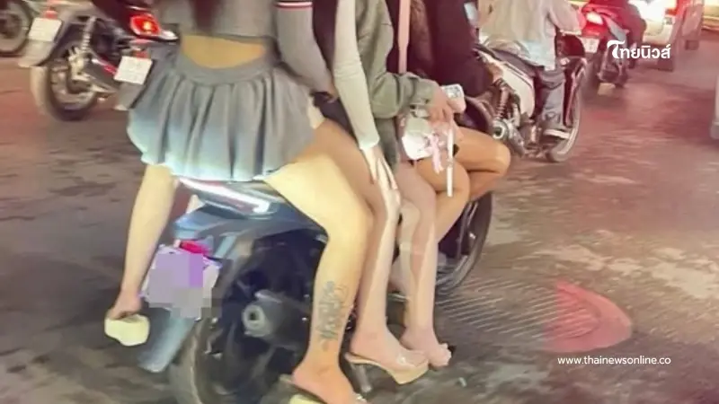 หนุ่มขี่มอเตอร์ไซค์ซ้อน 5 มีสาวๆ นั่งมาทั้งหมด 4 คน ทำคนหลุดโฟกัส